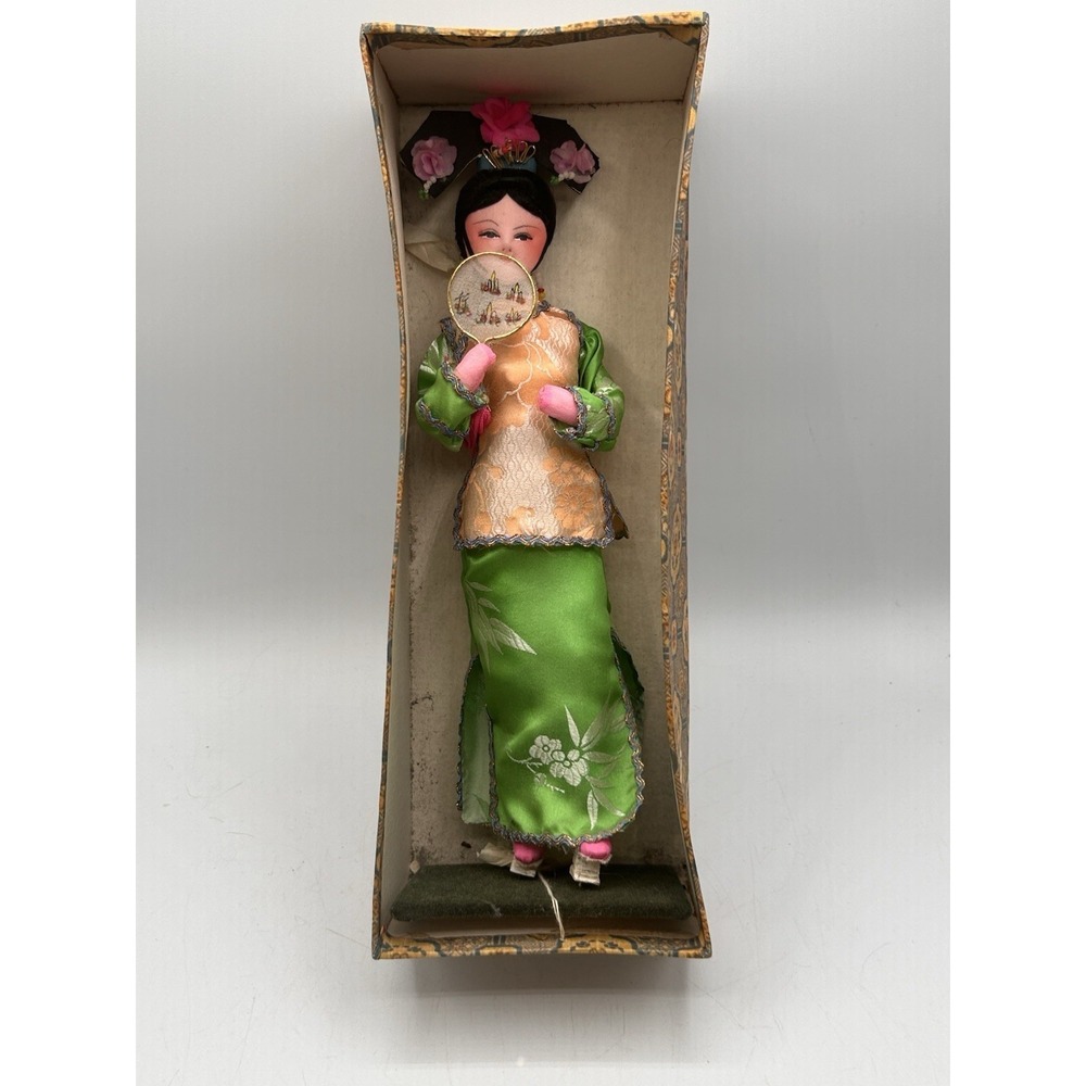 Vintage Japanese Geisha Doll In Traditional Kimono, Hand Made on Wood Base